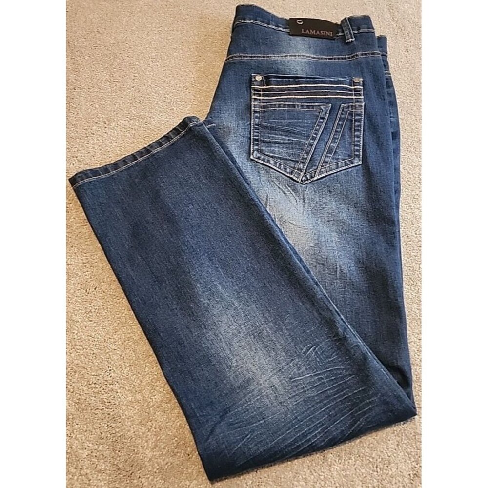 Lamasini Denim Blue Jeans Pants Mens 38X32 gold Stitch Stretch Whiskers Mid Rise